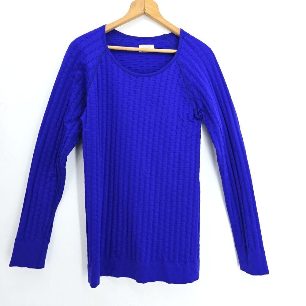 Athleta Royal Blue Seersucker Ribbed Long Sleeve Top Women XL Portugal Made